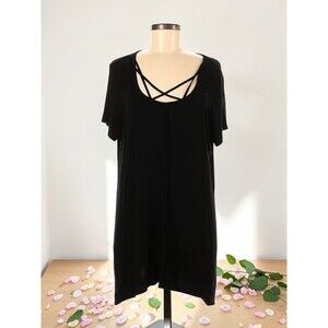 Terre Bleue Women's Black Criss-Cross Neckline Short Sleeve Mini Dress Small